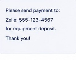 Payment request screenshot with Zelle payment instructions