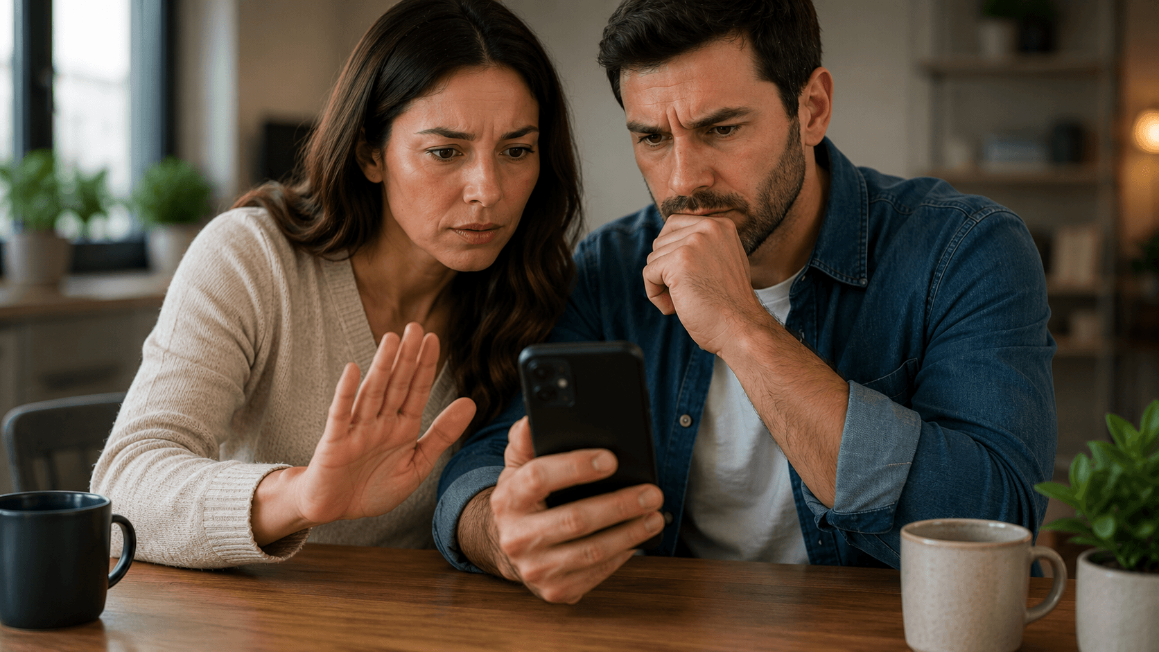 Couple pausing to verify a suspicious payment on a phone