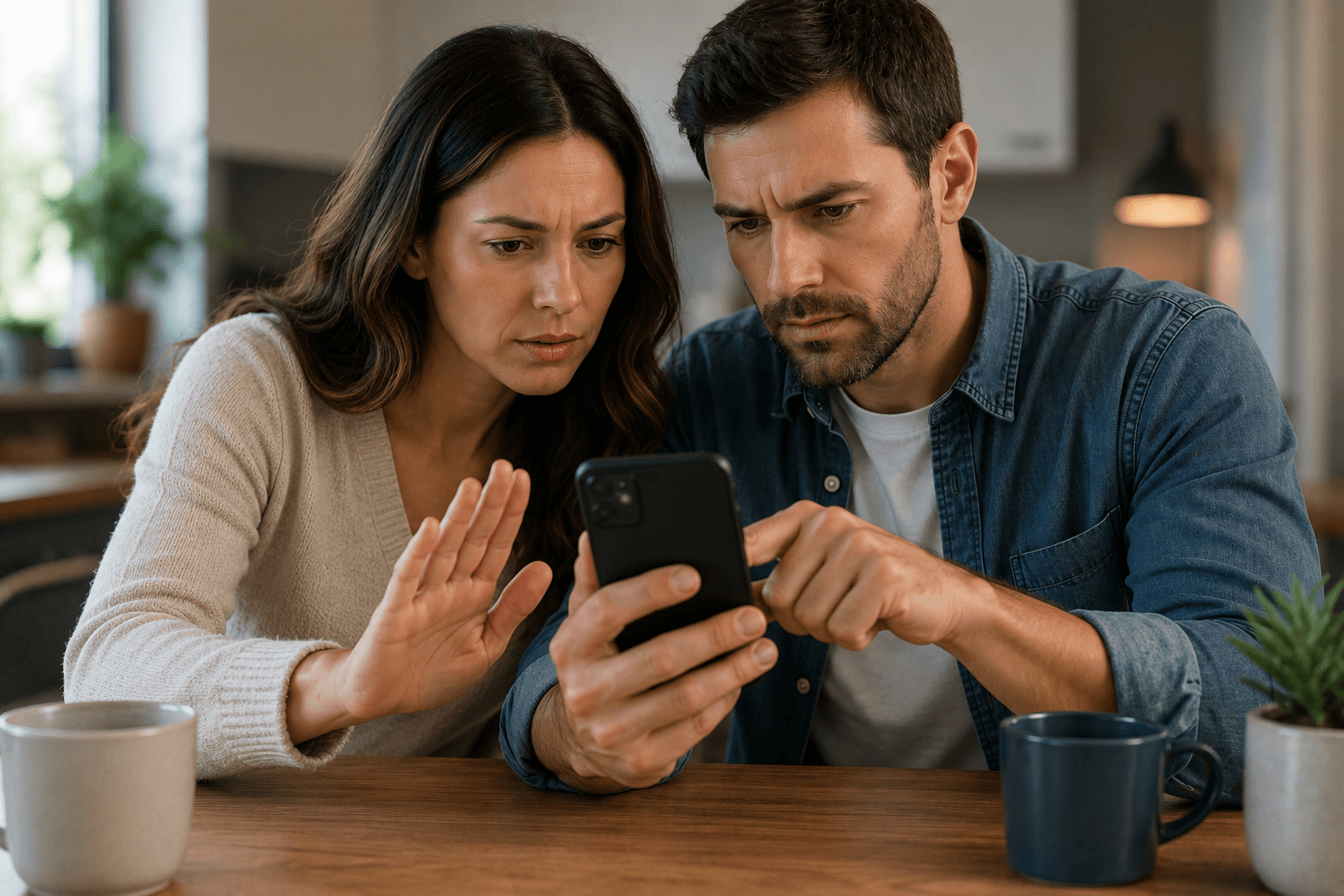 Couple pausing to verify a suspicious payment on a phone