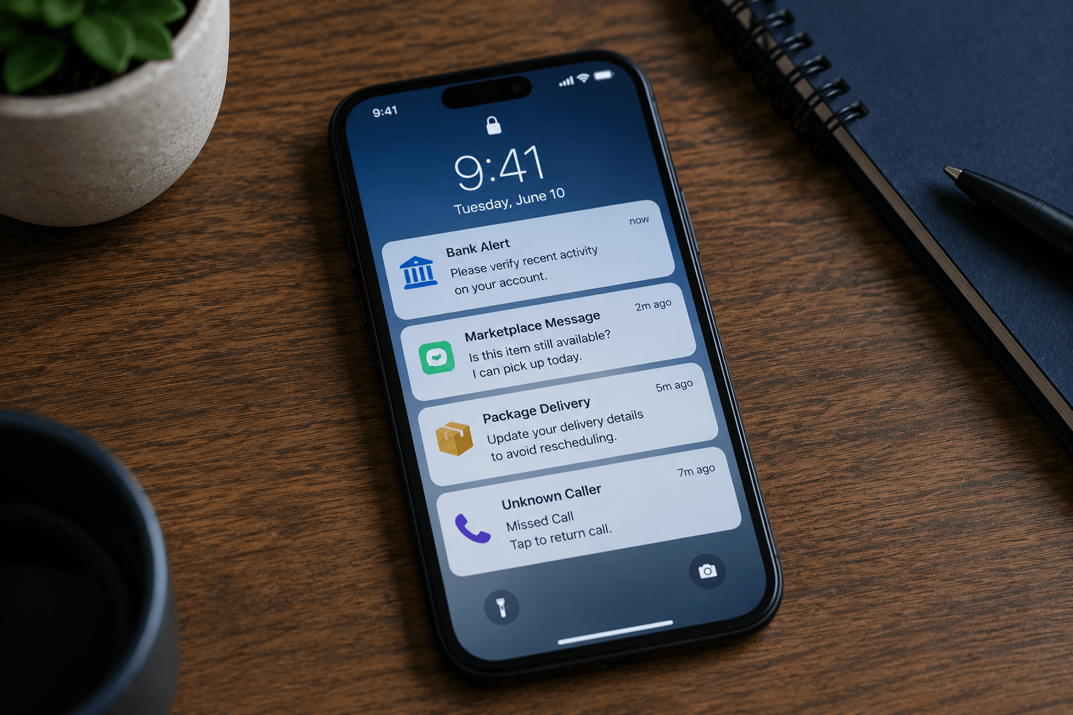 Phone showing scam warning signs and suspicious message alerts