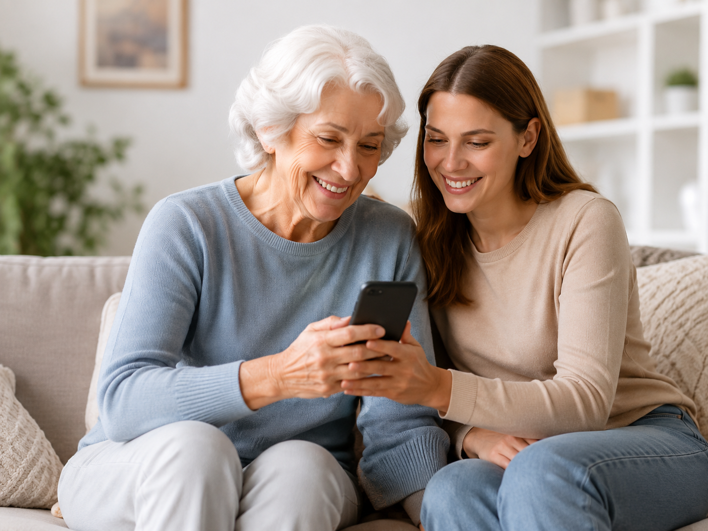 Family reviewing a phone together