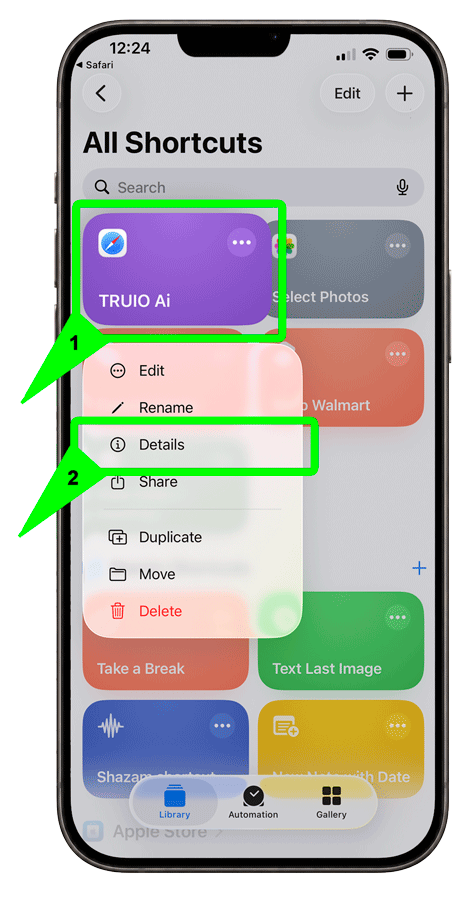 iPhone Shortcuts details screen with Add to Home Screen selected