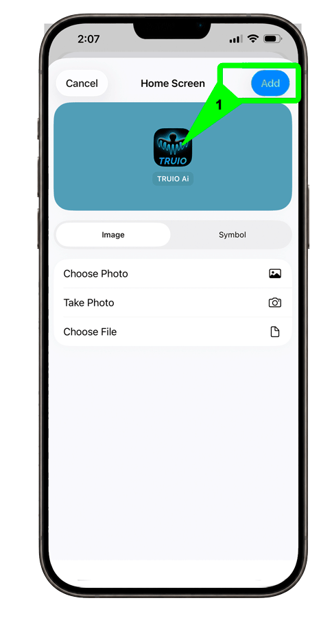 iPhone Home Screen setup screen with Add button highlighted