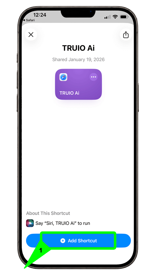 iPhone screen showing the Truio AI Shortcut page